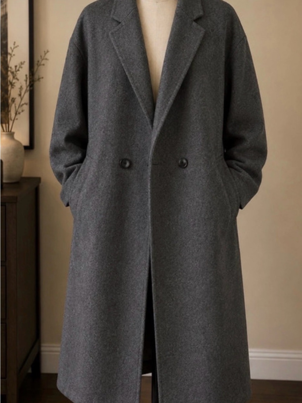 Classic Gray Wool-Blend Long Coat – Women